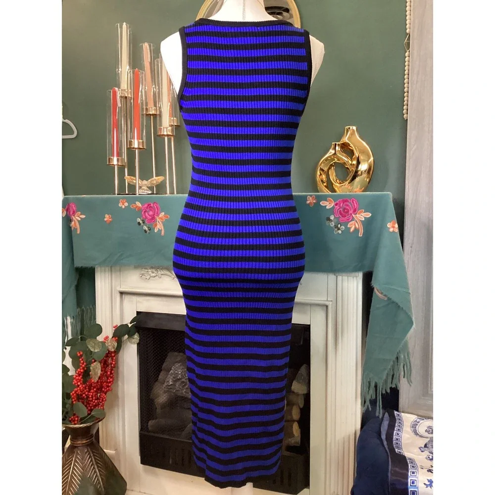 Michael Kors Blue Black Striped Ribbed‎ Knit Bodycon Midi Dress Medium